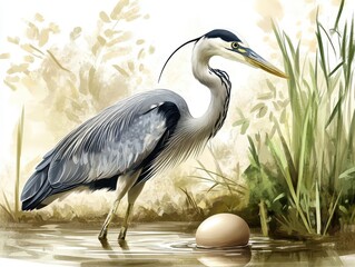 illustration of a blue heron standing gracefully in water beside an egg, capturing wildlife behavior and nature's beauty in a serene natural setting