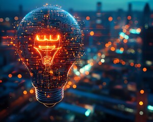 Poster - Holographic light bulb and circuit patterns forming an AI system logo, set against a blurred cityscape at night, futuristic generative AI illustration