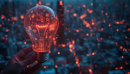 Leinwandbilder - Holographic light bulb glowing with lines and icons of innovation, held by a hand in business attire, with a night cityscape background, generative AI