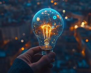 Poster - Holographic light bulb with glowing lines and innovation icons, held by a business professional in attire, set against a blurred night cityscape, generative AI design