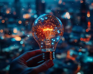 Poster - Business hand holding a holographic light bulb with glowing lines and innovation icons, set against a blurred cityscape at night, generative AI visual