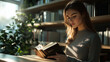 © Maksym - A young woman, deep in concentration, arranges books on minimalist wooden shelves in a modern, open-concept living space bathed in warm sunlight, plants nearby adding a fresh touch