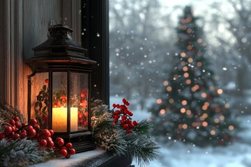 Wall Mural - Christmas lantern with red berries and white flowers on window sill, glowing candlelight, Christmas tree in background, and gentle snowfall.