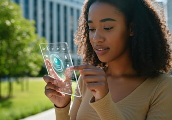 Businesswoman using futuristic transparent phone with augmented reality interface, managing her business and investments