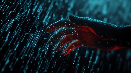 Aufkleber - Futuristic Hand Reaching Towards Digital Data Streams with Glowing Particles, Concept of Technology, Innovation, and Human-Machine Interaction in a Modern Environment