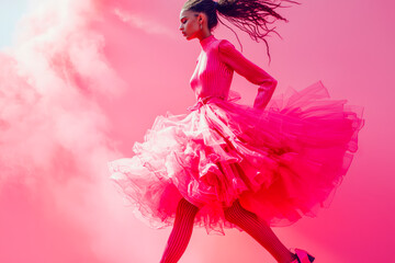 Stylish young woman in pink attire sprinting on vibrant pink backdrop