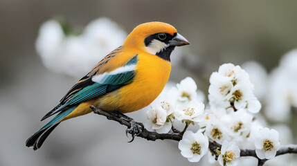 Wall Mural - close-up of a vibrant multicolored bird perched on a branch with blooming white flowers, set against