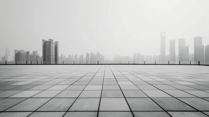 empty square floor with city skyline background, modern city skyline with architectural landmarks, a