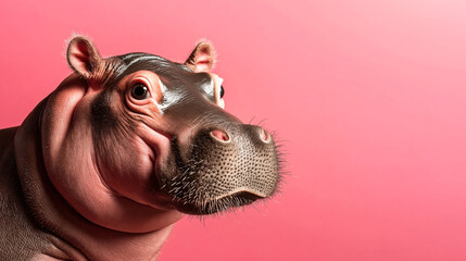 Wall Mural - portrait of a young hippopotamus with pinkish skin against a solid pink background, showcasing detai