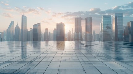 Wall Mural - Empty square floor with city skyline background, Urban exploration in black and white, gritty street photography aesthetic