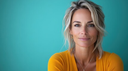 Wall Mural - A confident woman with stylish blonde hair poses against a soothing teal background, exuding sophistication and calmness, dressed in a vibrant yellow top.