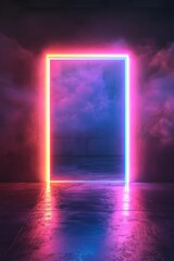 Canvas Print - A neon doorway gracefully emits a spectrum of colorful lights that vividly stand out against a misty backdrop, crafting an enchanting visual experience filled with vibrant energy, allure, and charm