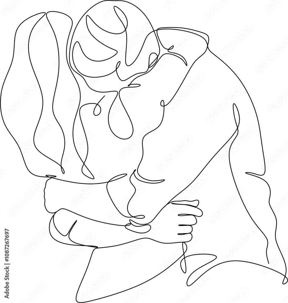 Line drawing of man and woman in love. Hugging, kissing couple in love ...
