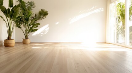 Wall Mural - A sunlit room showcasing a smooth wooden floor and large lush green plants, with bright sunlight entering through large window panels and casting shadows.