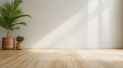 Wall Mural - A minimalist room adorned with a light wooden floor and two potted plants, basking in soft natural light from a window creating a serene atmosphere.