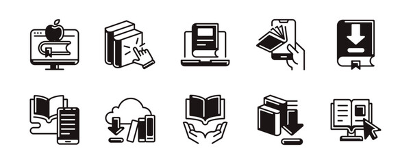 Aufkleber - digital library online book download icon set business education media e-book learning read journal literature signs vector line illustration for web and app