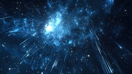 Wall Mural - The night sky with a meteor shower, streaks of light passing through a star-filled galaxy.