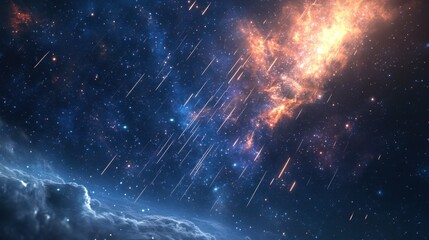 Wall Mural - The night sky with a meteor shower, streaks of light passing through a star-filled galaxy.