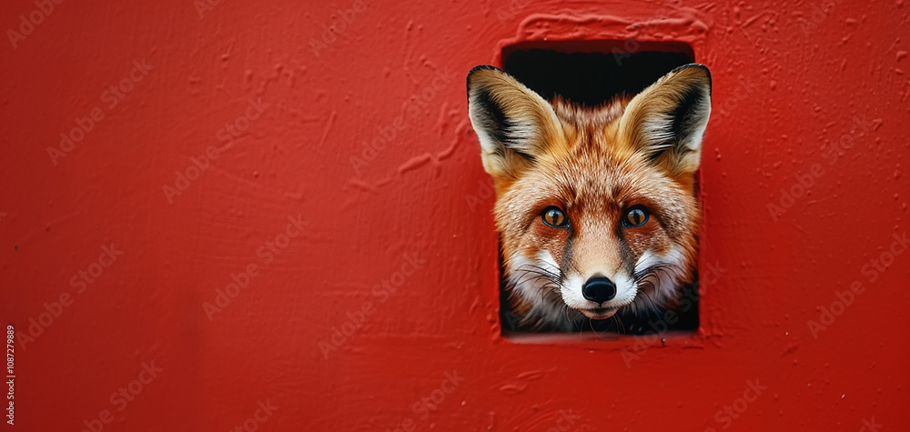 Beautiful Red Fox Peeking Through a Window in a Colorful Red Wall ...
