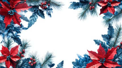 Wall Mural - Festive christmas border with red poinsettias and blue leaves on white background