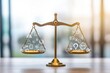 © Анатолий Сав - A golden balance scale displays various icons of justice, equity, and law in a bright setting, reflecting the principles of fairness and order. Generative AI