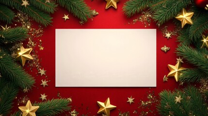 Wall Mural - Festive christmas card with blank space surrounded by pine branches and golden stars on red background