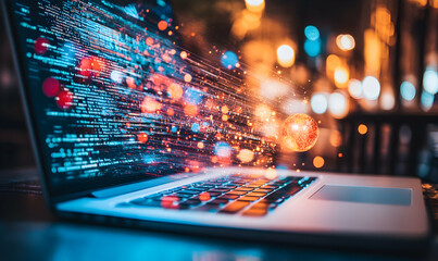 Laptop screen displaying dynamic code streams, illuminated by vibrant city lights; concept of digital innovation and technological advancement.