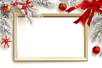 Wall Mural - Festive christmas frame with red ornaments and snowy pine branches