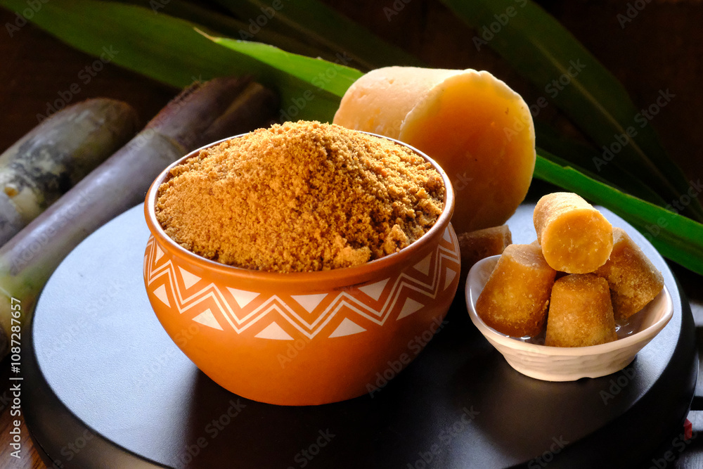 Jaggery powder with jaggery cubes. Jaggery is used as an ingredient in ...