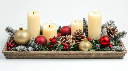 Wall Mural - Festive holiday candle arrangement with pinecones and baubles on wooden tray