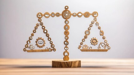 Aufkleber - This artwork displays a wooden balance scale featuring various icons representing law and technology, highlighting the intersection of both fields. Generative AI