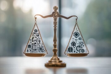 Aufkleber - A pair of brass scales symbolizes the balance between innovation and tradition, featuring gears and legal motifs in a bright office. Generative AI