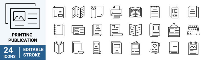 printing and publication set. flyer brochure line icon set. letterhead, booklet, leaflet, corporate 