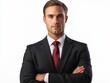 © cong - Full-length bust portrait of a lawyer, wearing a sharp suit and tie, looking confident and approachable, with light make-up, white background