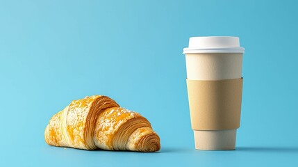 coffee and bakery concept. A delicious croissant beside a steaming cup of coffee, set against a vibrant blue background, creating an inviting breakfast scene.