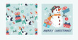 © Мария Гисина - Christmas and New Year greeting card or poster templates, Christmas winter holidays designs set with snowman and seamless pattern with cute funny dog, flat vector illustration.