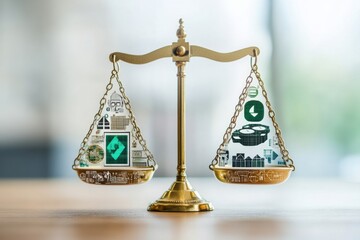 A balance scale displays digital symbols of technology and sustainability, conveying the importance of harmony between the two concepts. Generative AI