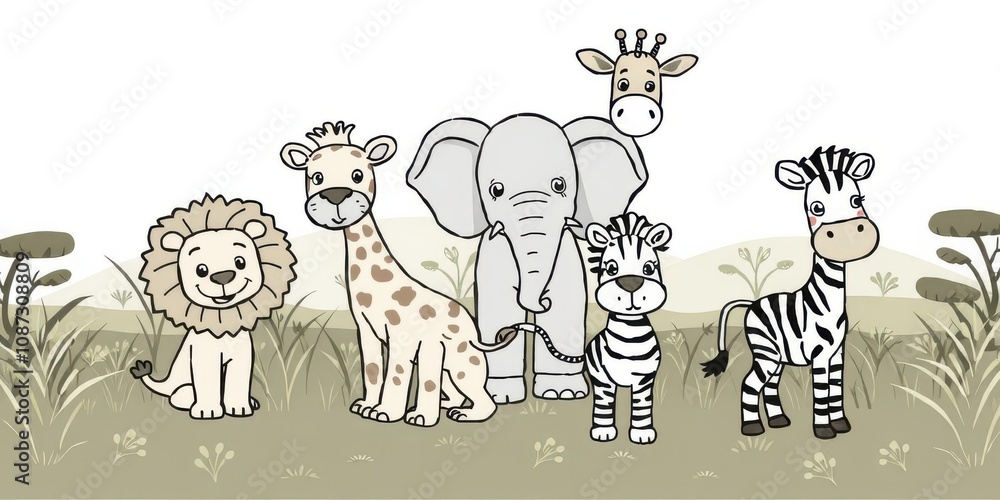 Cartoon safari animals group coloring page with lion, elephant, giraffe ...