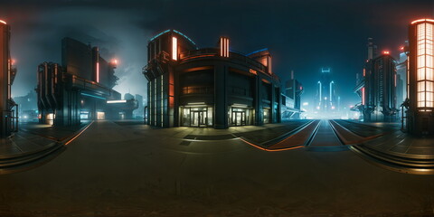 Wall Mural - Full 360 degrees seamless spherical panorama HDRI equirectangular projection of Cyberpunk Night City Tron Future. Texture environment map for lighting and reflection source rendering 3d scenes.