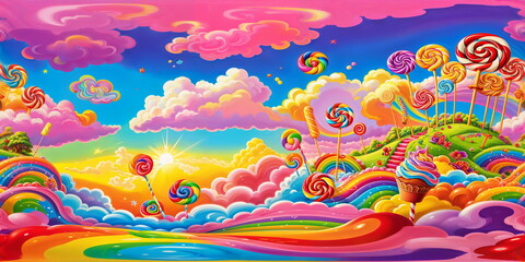 Wall Mural - Full 360 degrees seamless spherical panorama HDRI equirectangular projection of a candy lollipop wonderland. Texture environment map for lighting and reflection source rendering 3d scenes.	