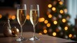 © Ana River - Two champagne glasses filled with sparkling wine. Christmas trees with twinkling lights blur in the background
