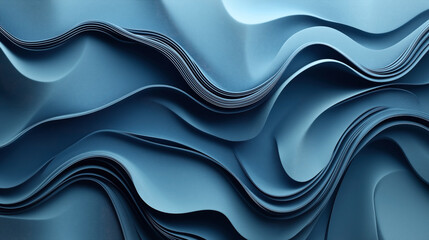 Abstract blue wave-like pattern created by layers of folded material resembling paper or fabric with smooth textures and flowing curves