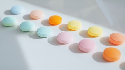 Colorful capsules and round tablets neatly arranged in a straight row on a smooth white surface, highlighting vibrant pastel colors and clean textures for a professional pharmaceutical layout.