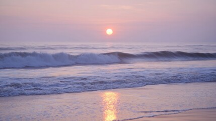 Aufkleber - A beautiful sunset casts soft hues over calm ocean waves gently lapping at the sandy shore, creating a peaceful atmosphere. Generative AI