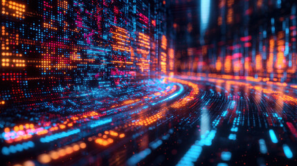 Wall Mural - a vibrant digital landscape filled with glowing lights and data streams, representing the intersecti