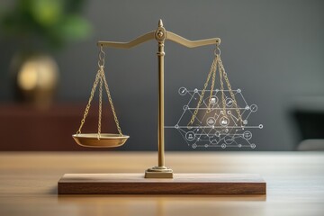 Aufkleber - A set of gold balance scales rests on a wooden surface, featuring digital symbols representing justice concepts in a sleek office environment. Generative AI