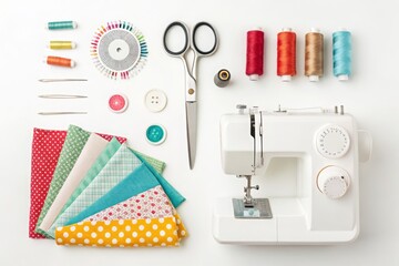 A collection of vibrant fabrics, sewing tools, and a sewing machine arranged neatly on a white surface in a bright workspace