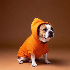 Sticker - dog wearing orange furry hoodie in studio against brown background 