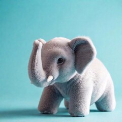 Wall Mural - A fluffy toy elephant with large floppy ears, detailed in a realistic photo, isolated on a pale blue background.