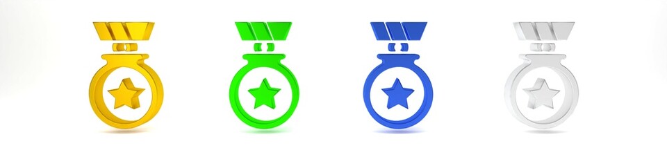 Wall Mural - Colorful Medal with star icon isolated on white background. Winner achievement sign. Award medal. Minimalism concept. 3D render illustration